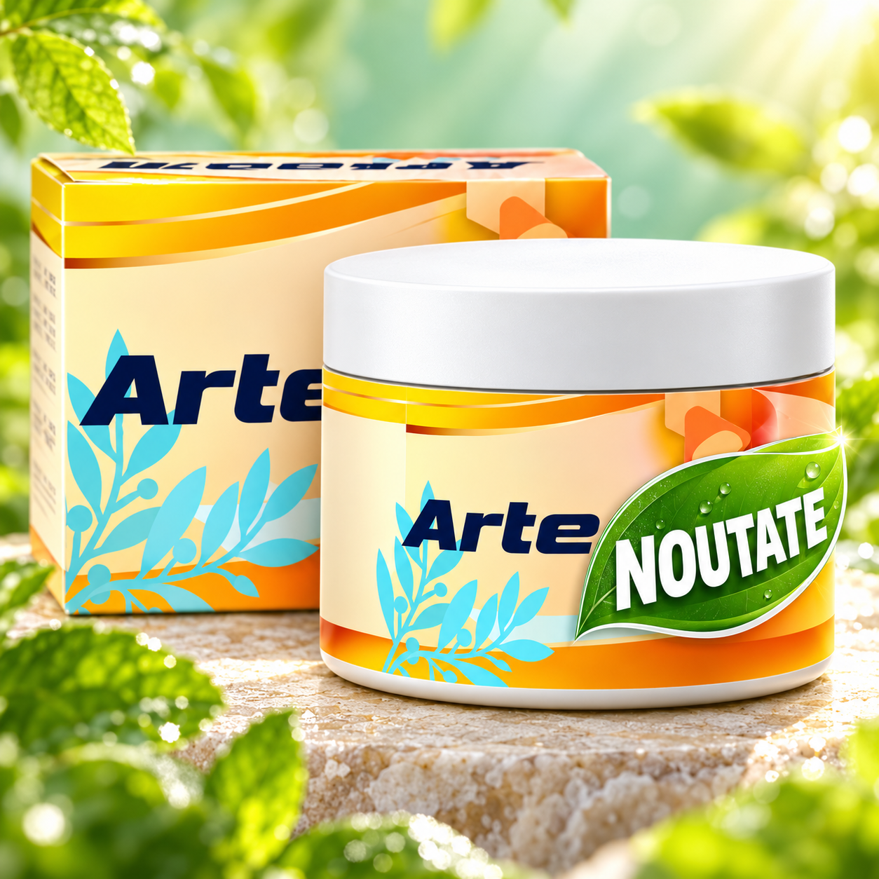 Borcanul și cutia gelului cosmetic Arteolin, pe o piatră, între frunze verzi